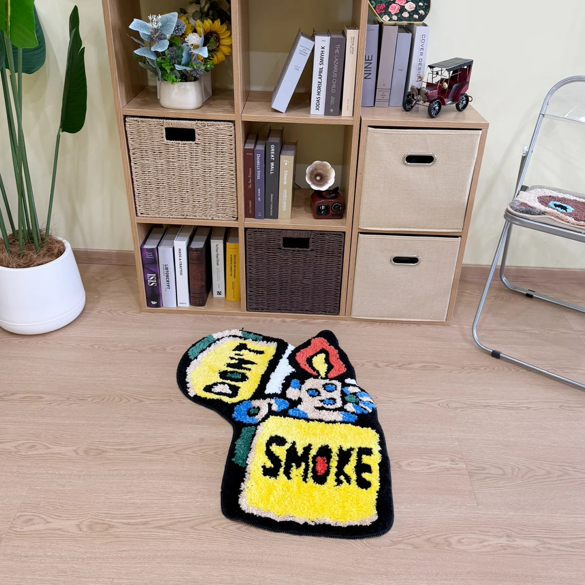 Yellow "DON'T SMOKE" Character Tufted Rug, Trendy Graphic Home Decor, Non-Slip Floor Mat for Bedroom Living Room