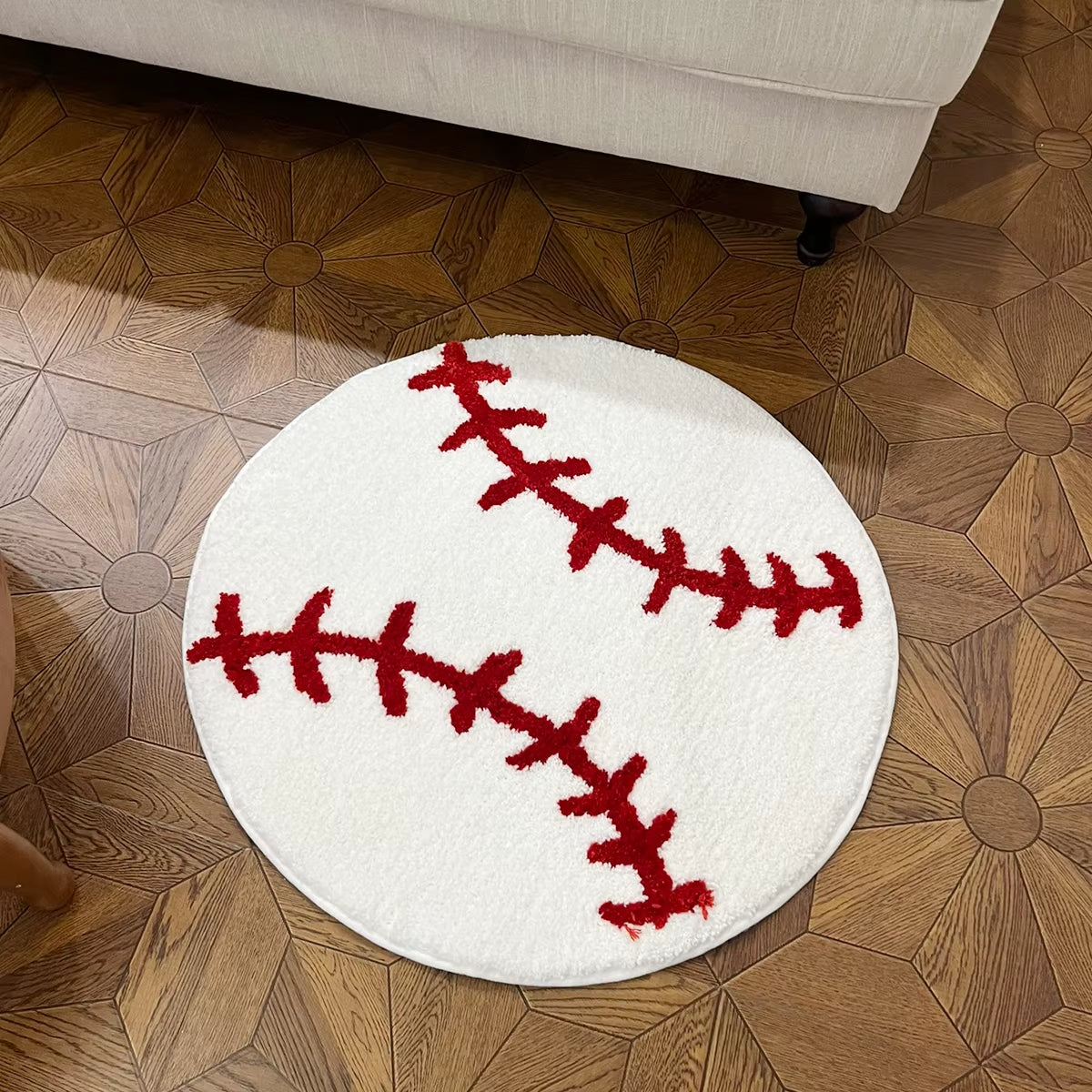 Baseball Stitch Design round Tufted Rug Soft Carpet and Cozy for Sports Themed Rooms and Kids Play Areas