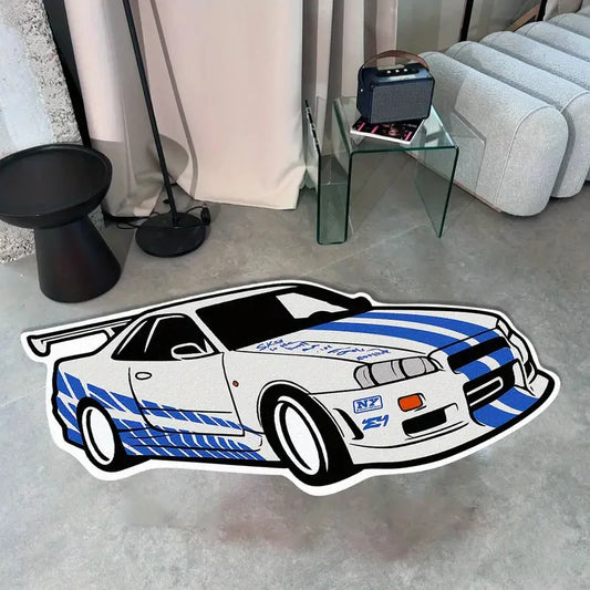 VIKAMA Cool Blue and White Sports Car Rug - Easy to Clean - Boys' Bedroom Floor Mat - Living Room Floor Pad - Home Decoration