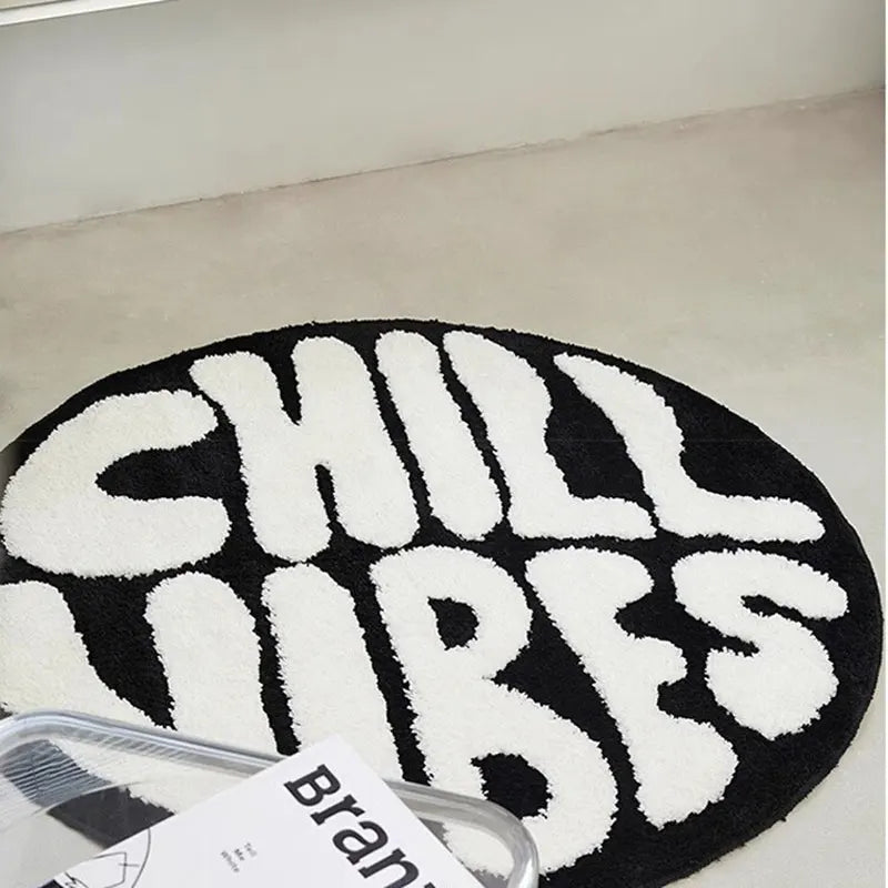 Black And White Round Tufted Bedroom Rug Soft Fluffy Letters Mat Bedside Carpet Floor Anti Slip Pad Aesthetic Home Room Decor