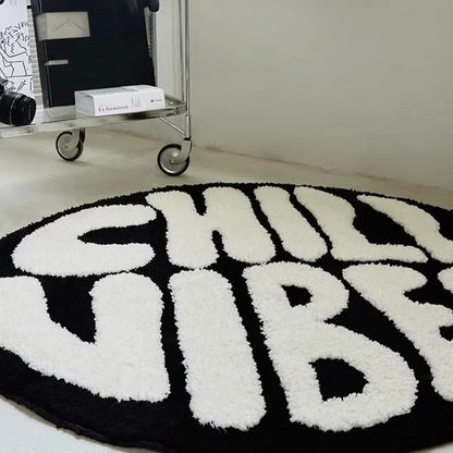 Black And White Round Tufted Bedroom Rug Soft Fluffy Letters Mat Bedside Carpet Floor Anti Slip Pad Aesthetic Home Room Decor