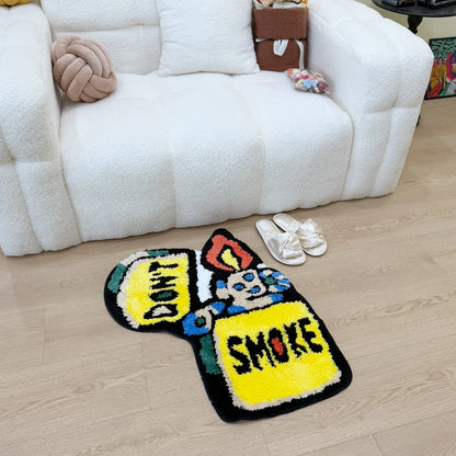 Yellow "DON'T SMOKE" Character Tufted Rug, Trendy Graphic Home Decor, Non-Slip Floor Mat for Bedroom Living Room