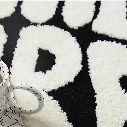 Black And White Round Tufted Bedroom Rug Soft Fluffy Letters Mat Bedside Carpet Floor Anti Slip Pad Aesthetic Home Room Decor