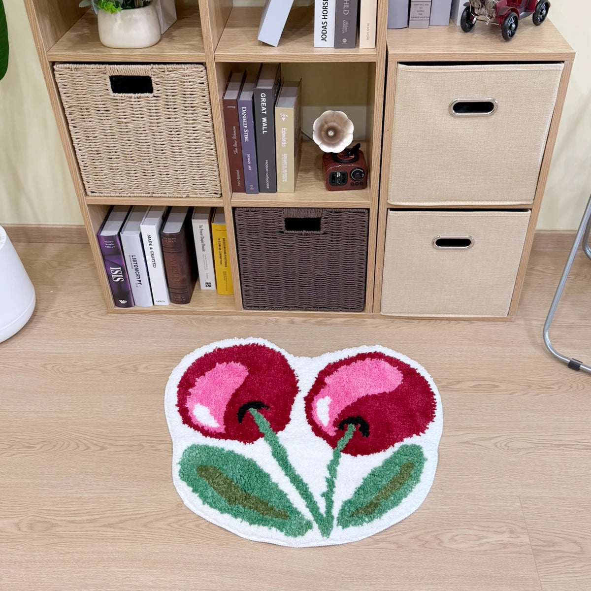 Cherry Shaped Tufted Rug, 3D Fluffy Soft Carpet, Cute Fruit Themed Floor Mat for Bedroom Living Room Non-Slip Home Decor
