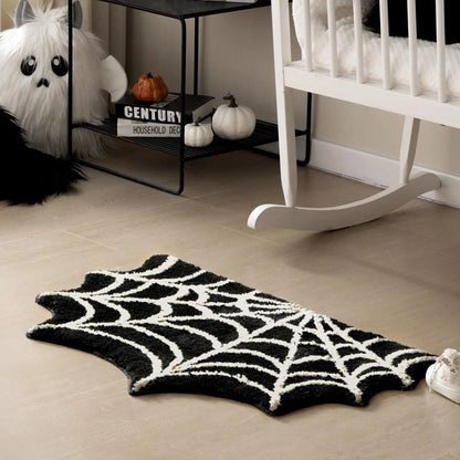 Black Spider Web Halloween Tufting Rug Funny Bathroom Decor Spooky Gothic Bath Mat Non-Slip Tufted Mat for Front Door Living