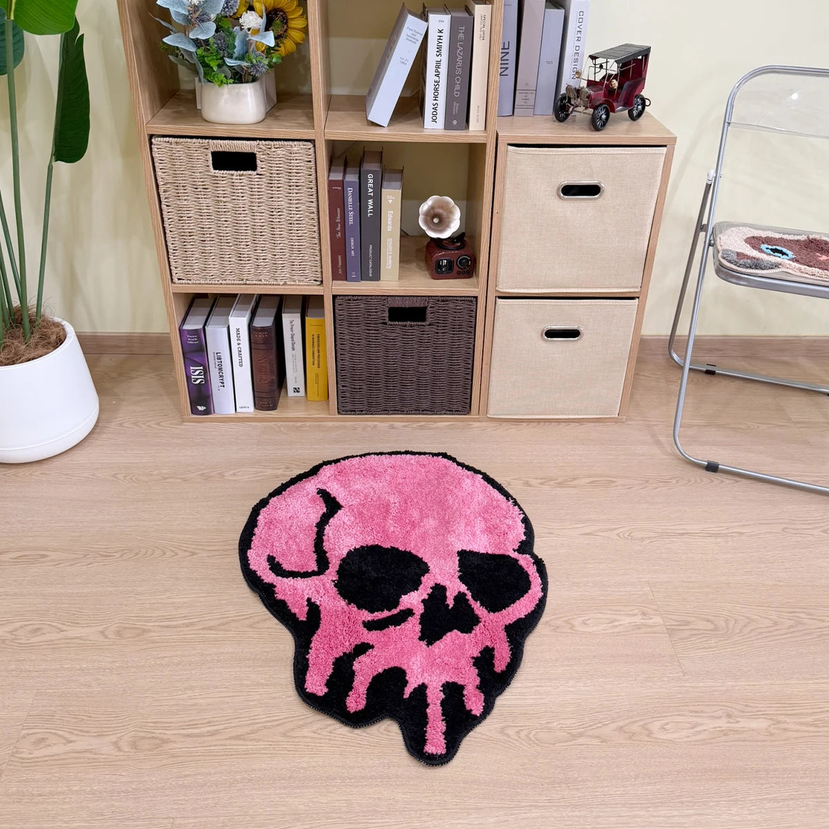 Pink Skull Shaped Tufted Rug, Gothic Aesthetic Home Decor, Non-Slip Floor Mat for Bedroom Living Room