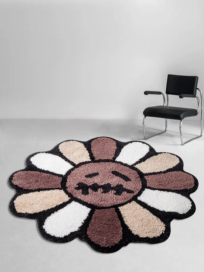 Smiling Face Tufted Rug Flower Art Rug for Bedroom Living Room Retro Rainbow Fluffy Bathroom Smile Rug Nonslip Mat Home Decor