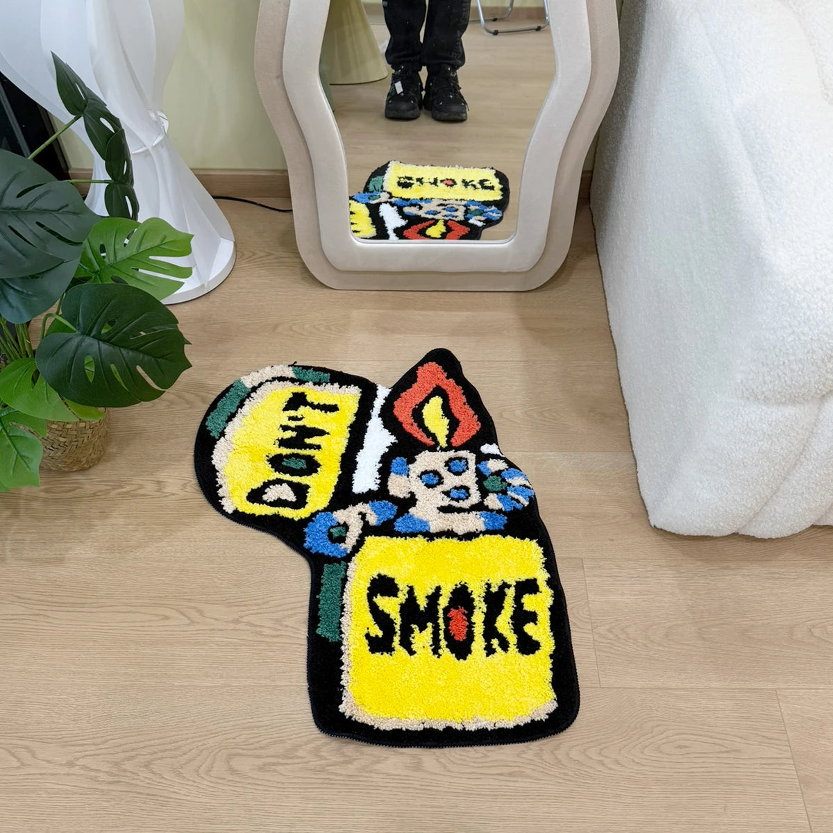 Yellow "DON'T SMOKE" Character Tufted Rug, Trendy Graphic Home Decor, Non-Slip Floor Mat for Bedroom Living Room