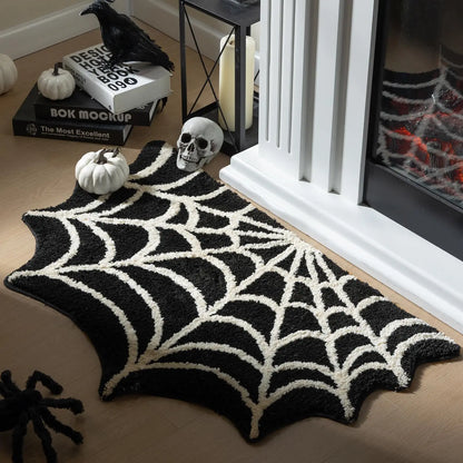 Black Spider Web Halloween Tufting Rug Funny Bathroom Decor Spooky Gothic Bath Mat Non-Slip Tufted Mat for Front Door Living