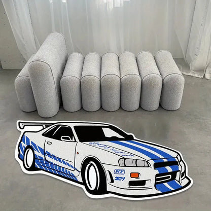 VIKAMA Cool Blue and White Sports Car Rug - Easy to Clean - Boys' Bedroom Floor Mat - Living Room Floor Pad - Home Decoration