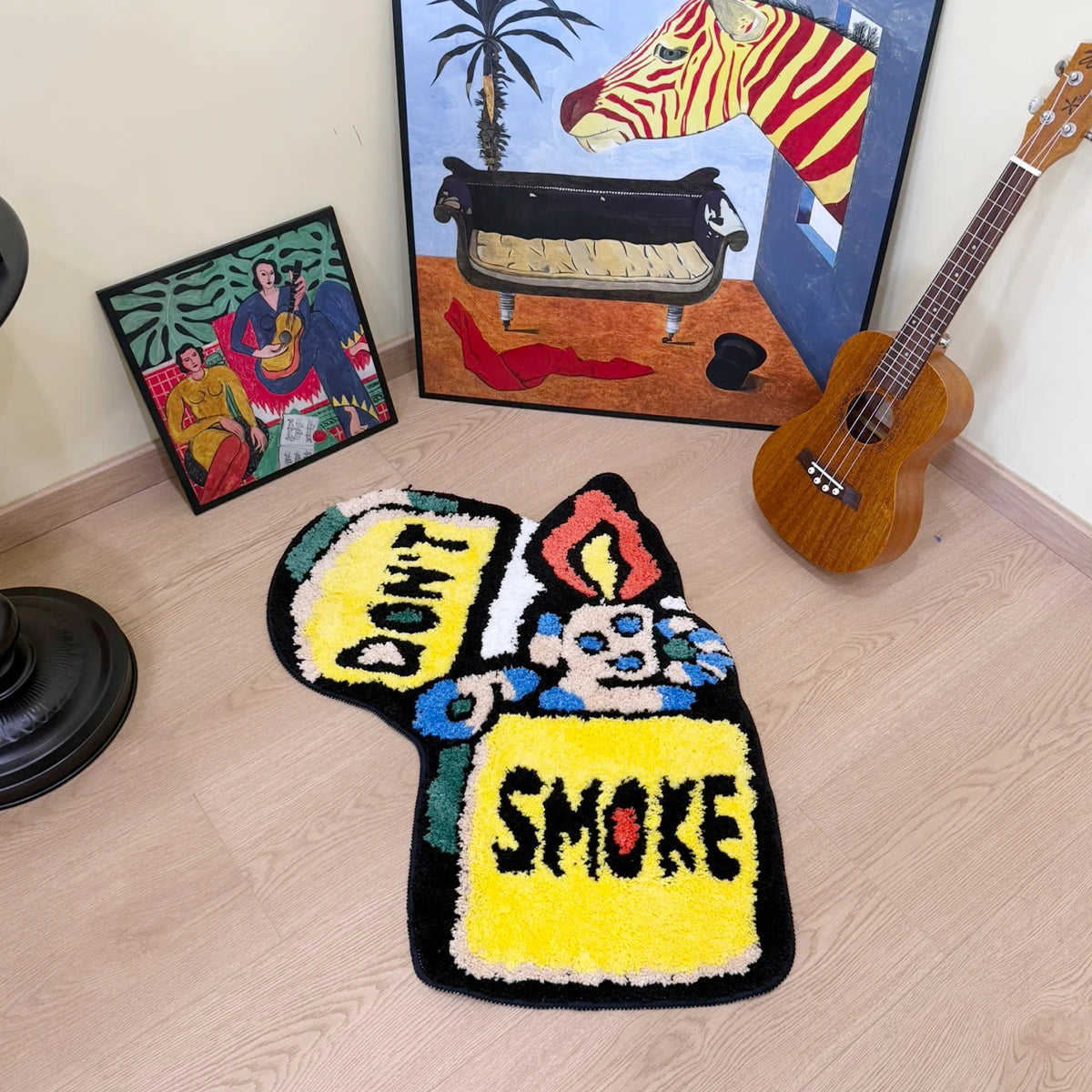 Yellow "DON'T SMOKE" Character Tufted Rug, Trendy Graphic Home Decor, Non-Slip Floor Mat for Bedroom Living Room
