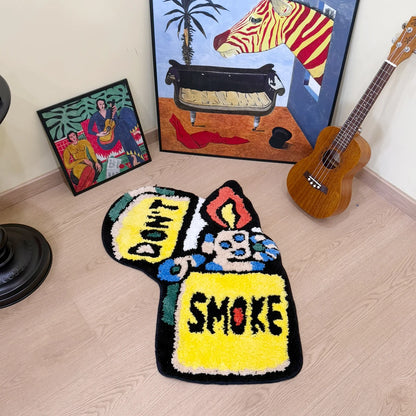 Yellow "DON'T SMOKE" Character Tufted Rug, Trendy Graphic Home Decor, Non-Slip Floor Mat for Bedroom Living Room