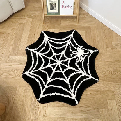 Black Spider Web Halloween Tufting Rug Funny Bathroom Decor Spooky Gothic Bath Mat Non-Slip Tufted Mat for Front Door Living