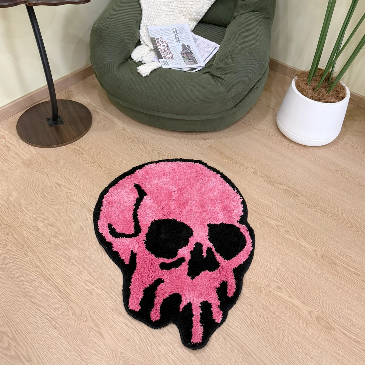 Pink Skull Shaped Tufted Rug, Gothic Aesthetic Home Decor, Non-Slip Floor Mat for Bedroom Living Room