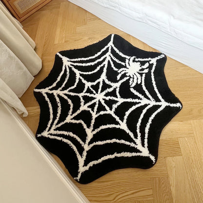 Black Spider Web Halloween Tufting Rug Funny Bathroom Decor Spooky Gothic Bath Mat Non-Slip Tufted Mat for Front Door Living
