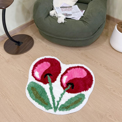 Cherry Shaped Tufted Rug, 3D Fluffy Soft Carpet, Cute Fruit Themed Floor Mat for Bedroom Living Room Non-Slip Home Decor