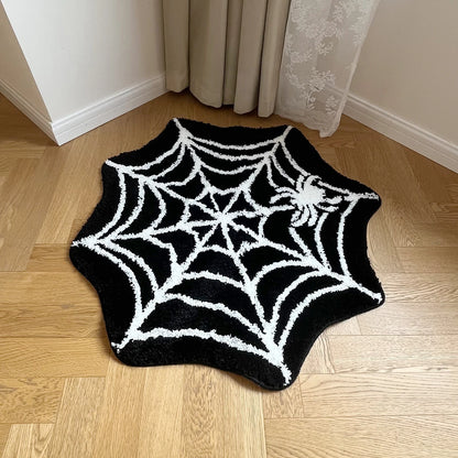 Black Spider Web Halloween Tufting Rug Funny Bathroom Decor Spooky Gothic Bath Mat Non-Slip Tufted Mat for Front Door Living