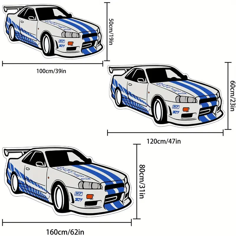 VIKAMA Cool Blue and White Sports Car Rug - Easy to Clean - Boys' Bedroom Floor Mat - Living Room Floor Pad - Home Decoration